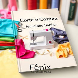 A visually appealing book cover design for a sewing and tailoring book focused on flat fabrics, specifically for a fashion school named "Fênix Cursos de Moda"