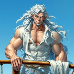 A detailed character portrait of a water elemental being, featuring a muscular, tall figure where both his hair and body are made of flowing water, creating an ethereal and mystical atmosphere