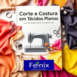 A visually appealing book cover design for a sewing and tailoring book focused on flat fabrics, specifically for a fashion school named "Fênix Cursos de Moda"