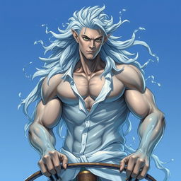 A detailed character portrait of a water elemental being, featuring a muscular, tall figure where both his hair and body are made of flowing water, creating an ethereal and mystical atmosphere