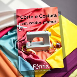 A visually appealing book cover design for a sewing and tailoring book focused on flat fabrics, specifically for a fashion school named "Fênix Cursos de Moda"