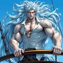 A detailed character portrait of a water elemental being, featuring a muscular, tall figure where both his hair and body are made of flowing water, creating an ethereal and mystical atmosphere