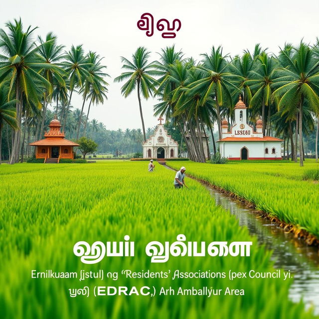 A tranquil paddy field with lush green rice crops, bordered by a channel lined with tall, swaying coconut trees