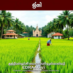 A tranquil paddy field with lush green rice crops, bordered by a channel lined with tall, swaying coconut trees