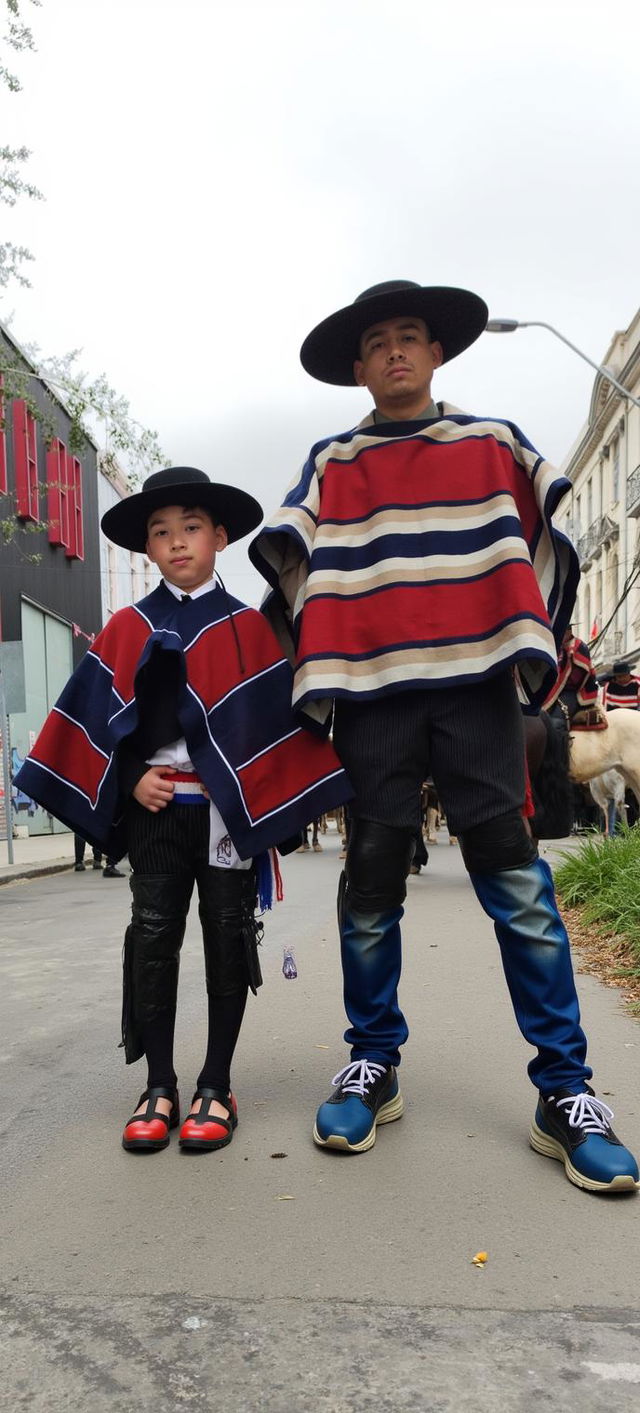 Two people wearing traditional Chilean huaso attire, standing proudly on a city street