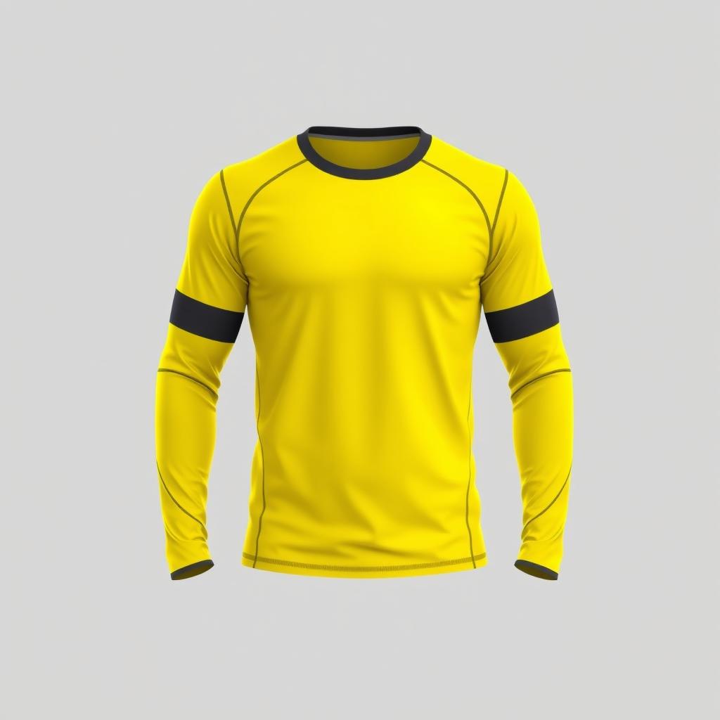 A stylish long-sleeve sports t-shirt design that features a dominant yellow color with subtle variations of dark gray on the neckline and cuffs