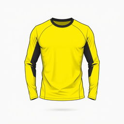 A stylish long-sleeve sports t-shirt design that features a dominant yellow color with subtle variations of dark gray on the neckline and cuffs