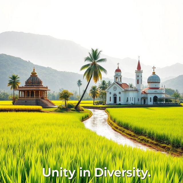 A serene landscape depicting a lush green paddy field with vibrant rice plants reflecting the sunlight