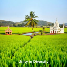 A serene landscape depicting a lush green paddy field with vibrant rice plants reflecting the sunlight