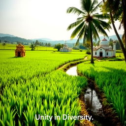 A serene landscape depicting a lush green paddy field with vibrant rice plants reflecting the sunlight