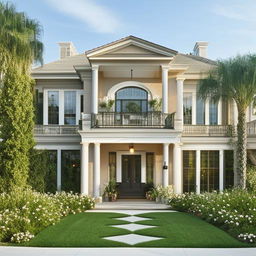 A luxurious three-story house, featuring tasteful design elements, lavish furnishings, and a manicured landscape.