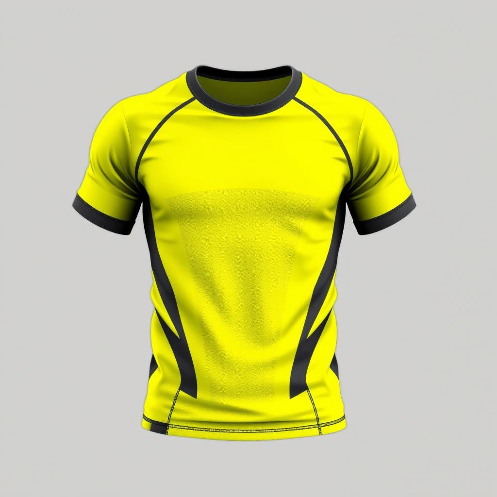 A short-sleeved sports t-shirt design, predominantly bright yellow in color, featuring subtle variations of dark gray around the collar and sleeves