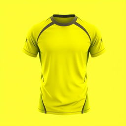 A short-sleeved sports t-shirt design, predominantly bright yellow in color, featuring subtle variations of dark gray around the collar and sleeves