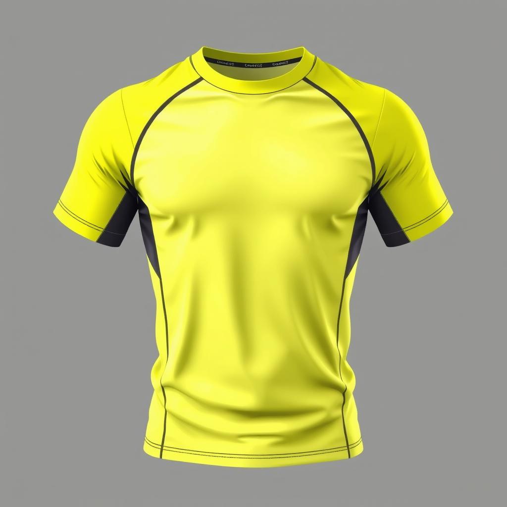 A short-sleeved sports t-shirt design, predominantly bright yellow in color, featuring subtle variations of dark gray around the collar and sleeves