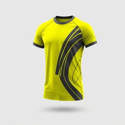 A short-sleeved sports t-shirt design, predominantly bright yellow in color, featuring subtle variations of dark gray around the collar and sleeves