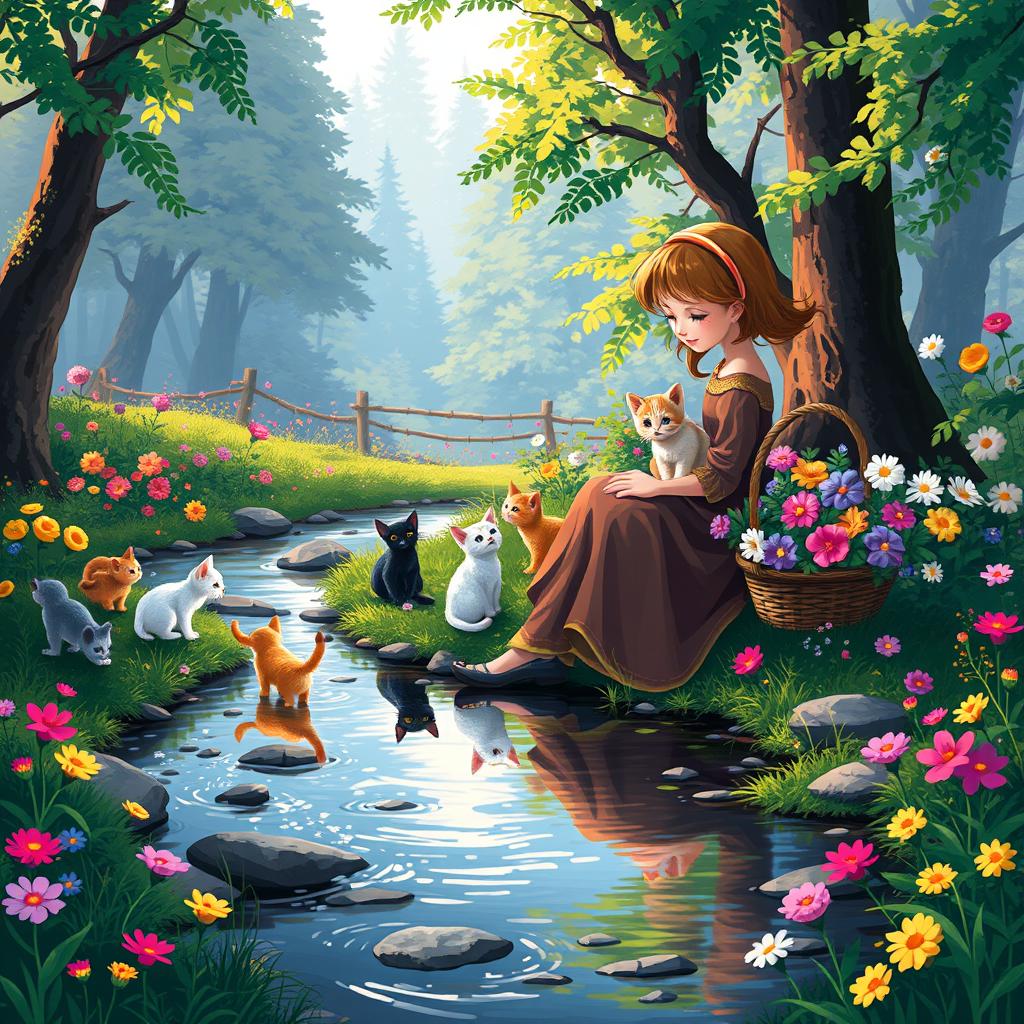 A vibrant pixel art scene depicting a young girl in an old long dress sitting near a gentle stream in a lush forest