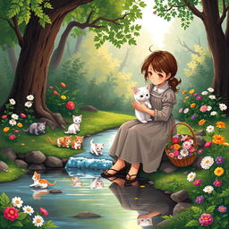 A vibrant pixel art scene depicting a young girl in an old long dress sitting near a gentle stream in a lush forest