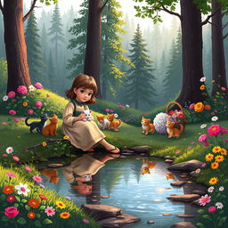 A vibrant pixel art scene depicting a young girl in an old long dress sitting near a gentle stream in a lush forest