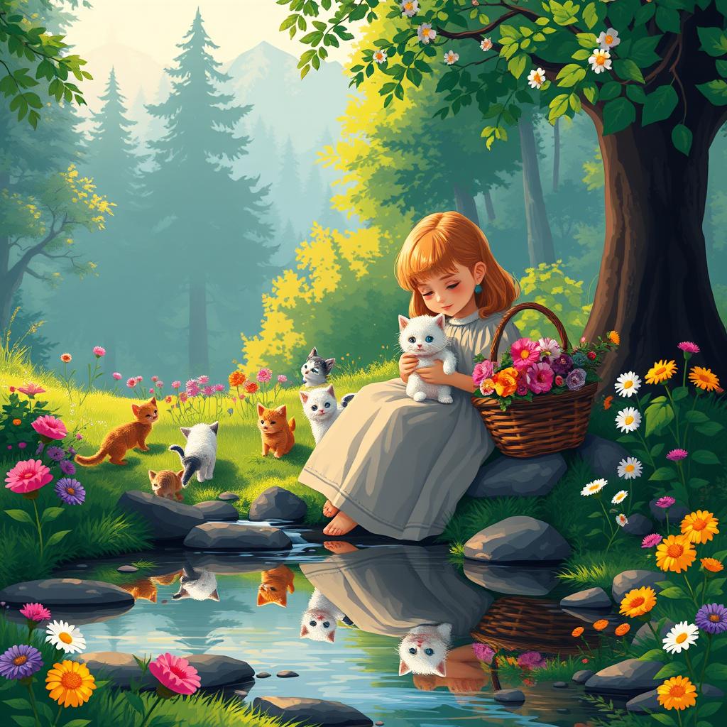 A vibrant pixel art scene depicting a young girl in an old long dress sitting near a gentle stream in a lush forest