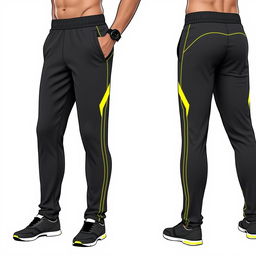 A long pants sportswear design, predominantly dark gray in color, featuring subtle variations of bright yellow accents