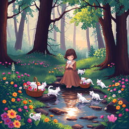 A serene forest clearing at dawn, illustrated in vibrant pixel art