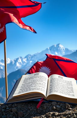 The Nepalese national flag waving gently in the wind beside an open book depicting the Constitution of Nepal from the year 2072 BS