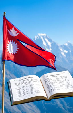 The Nepalese national flag waving gently in the wind beside an open book depicting the Constitution of Nepal from the year 2072 BS