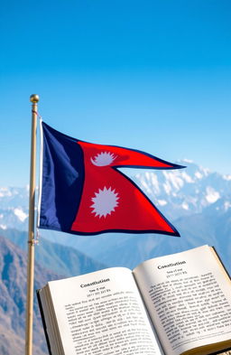 The Nepalese national flag waving gently in the wind beside an open book depicting the Constitution of Nepal from the year 2072 BS