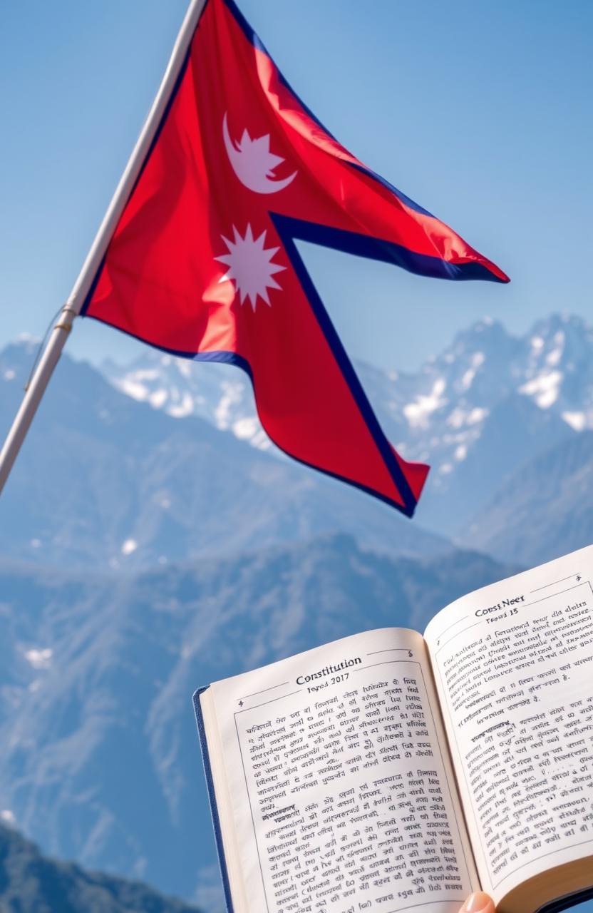 The Nepalese national flag waving gently in the wind beside an open book depicting the Constitution of Nepal from the year 2072 BS