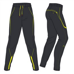 A long pants sportswear design, predominantly dark grey, featuring subtle yellow accents