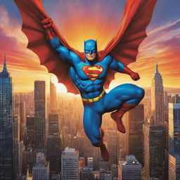 A vibrant and thrilling comic book cover featuring a superhero soaring over a city skyline, framed by towering buildings and a radiant sunset in the background.