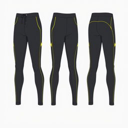 A long pants sportswear design, predominantly dark grey, featuring subtle yellow accents