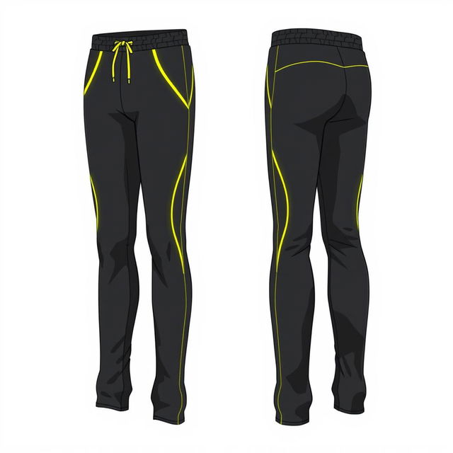 A long pants sportswear design, predominantly dark grey, featuring subtle yellow accents