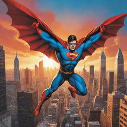 A vibrant and thrilling comic book cover featuring a superhero soaring over a city skyline, framed by towering buildings and a radiant sunset in the background.