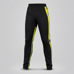 A long pants sportswear design, predominantly dark grey in color, featuring vibrant yellow accents along the sides