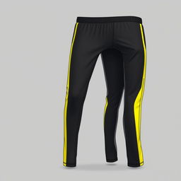 A long pants sportswear design, predominantly dark grey in color, featuring vibrant yellow accents along the sides