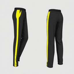 A long pants sportswear design, predominantly dark grey in color, featuring vibrant yellow accents along the sides