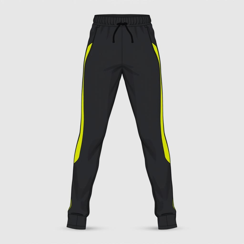 A long pants sportswear design, predominantly dark grey in color, featuring vibrant yellow accents along the sides