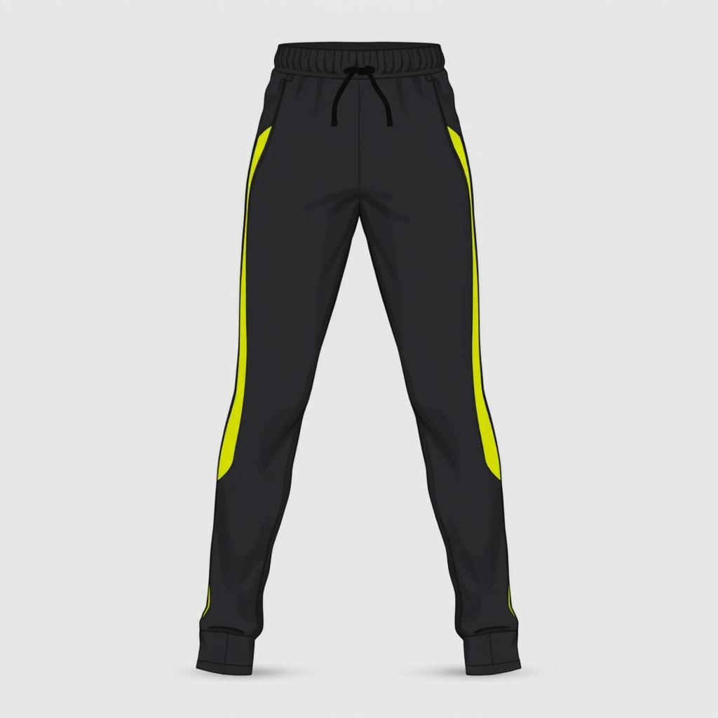 A long pants sportswear design, predominantly dark grey in color, featuring vibrant yellow accents along the sides