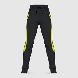 A long pants sportswear design, predominantly dark grey in color, featuring vibrant yellow accents along the sides