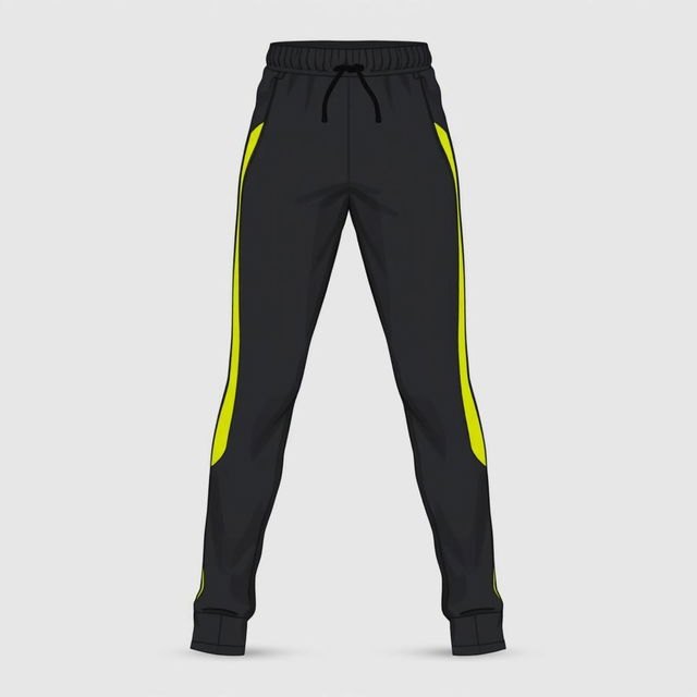 A long pants sportswear design, predominantly dark grey in color, featuring vibrant yellow accents along the sides