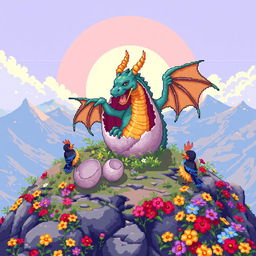 A magical dragon hatching from an egg in vibrant pixel art