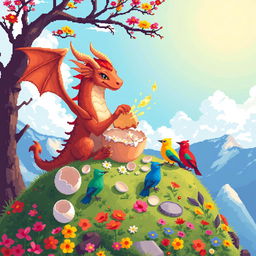 A magical dragon hatching from an egg in vibrant pixel art