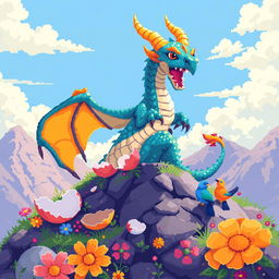 A magical dragon hatching from an egg in vibrant pixel art