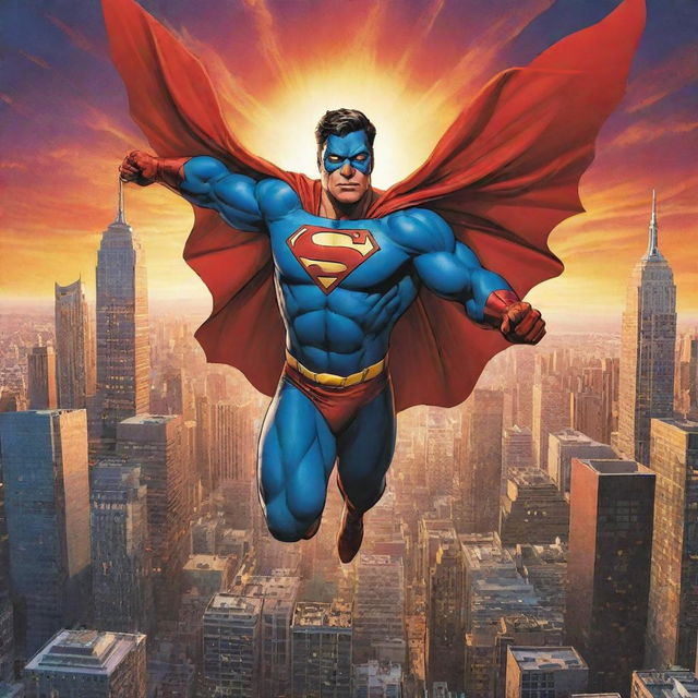 A vibrant and thrilling comic book cover featuring a superhero soaring over a city skyline, framed by towering buildings and a radiant sunset in the background.