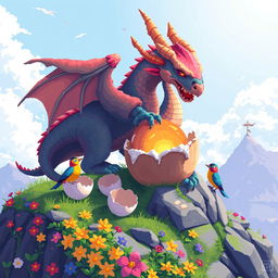 A magical dragon hatching from an egg in vibrant pixel art