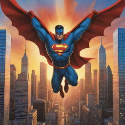 A vibrant and thrilling comic book cover featuring a superhero soaring over a city skyline, framed by towering buildings and a radiant sunset in the background.