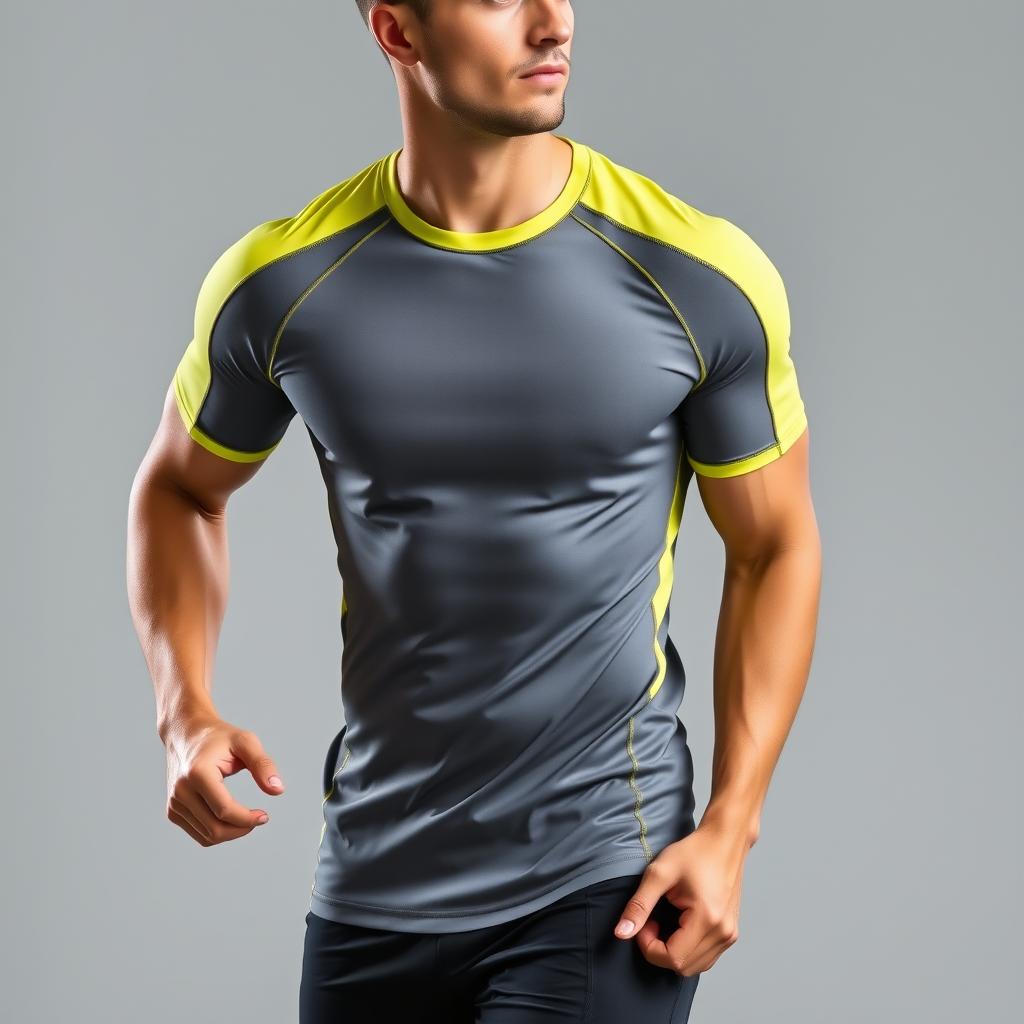 A stylish sporty performance-focused fitness tee in yellow and grey