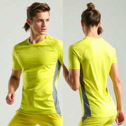 A stylish sporty performance-focused fitness tee in yellow and grey