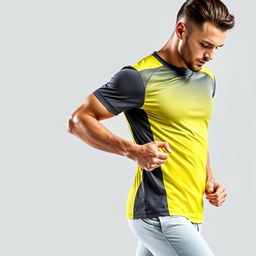 A stylish sporty performance-focused fitness tee in yellow and grey